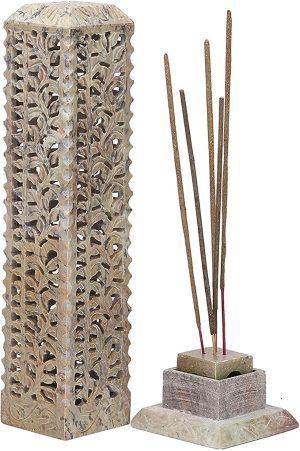 Handmade Marble Soapstone Incense Stick Burner | Candle Stick Holder | Tea Light Burner - Perfect Floral Carving for Gifting. Decorative Home and Kitchen Decor (3 x 3 x 11 Inches).